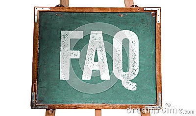 FAQ, acronym for â€œFrequently Asked Questionsâ€ white text written on a green old grungy vintage wooden chalkboard or blackboard Stock Photo